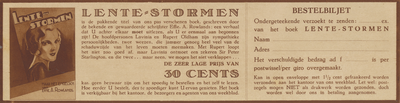 717377 Advertentie van het weekblad 'Utrecht in Woord en Beeld', Boothstraat3 te Utrecht, voor het boek 'Lentestormen', ...